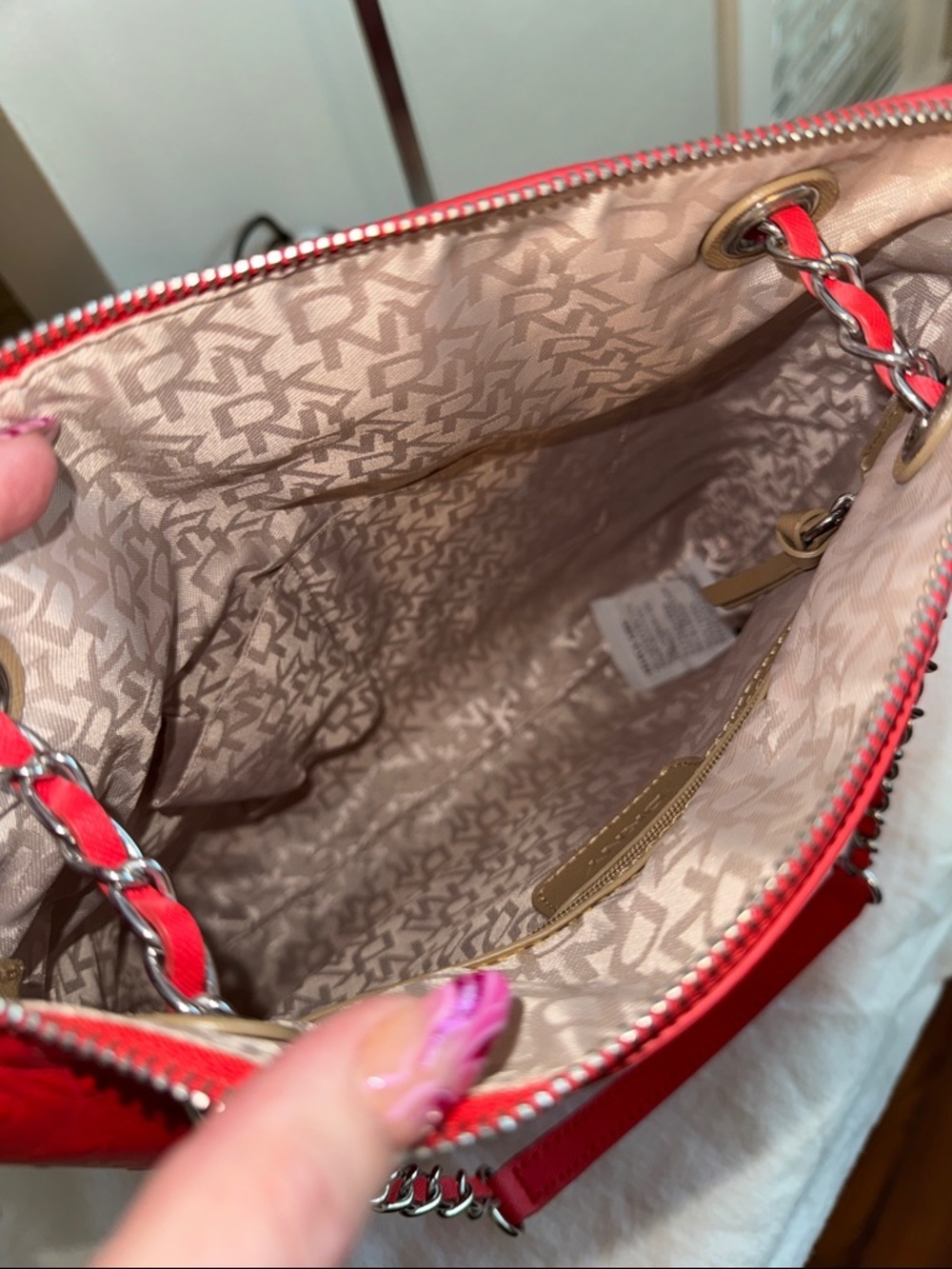 DKNY Red Ostrich Embossed Leather Convertible Shoulder Bag Crossbody - Picture 4 of 8